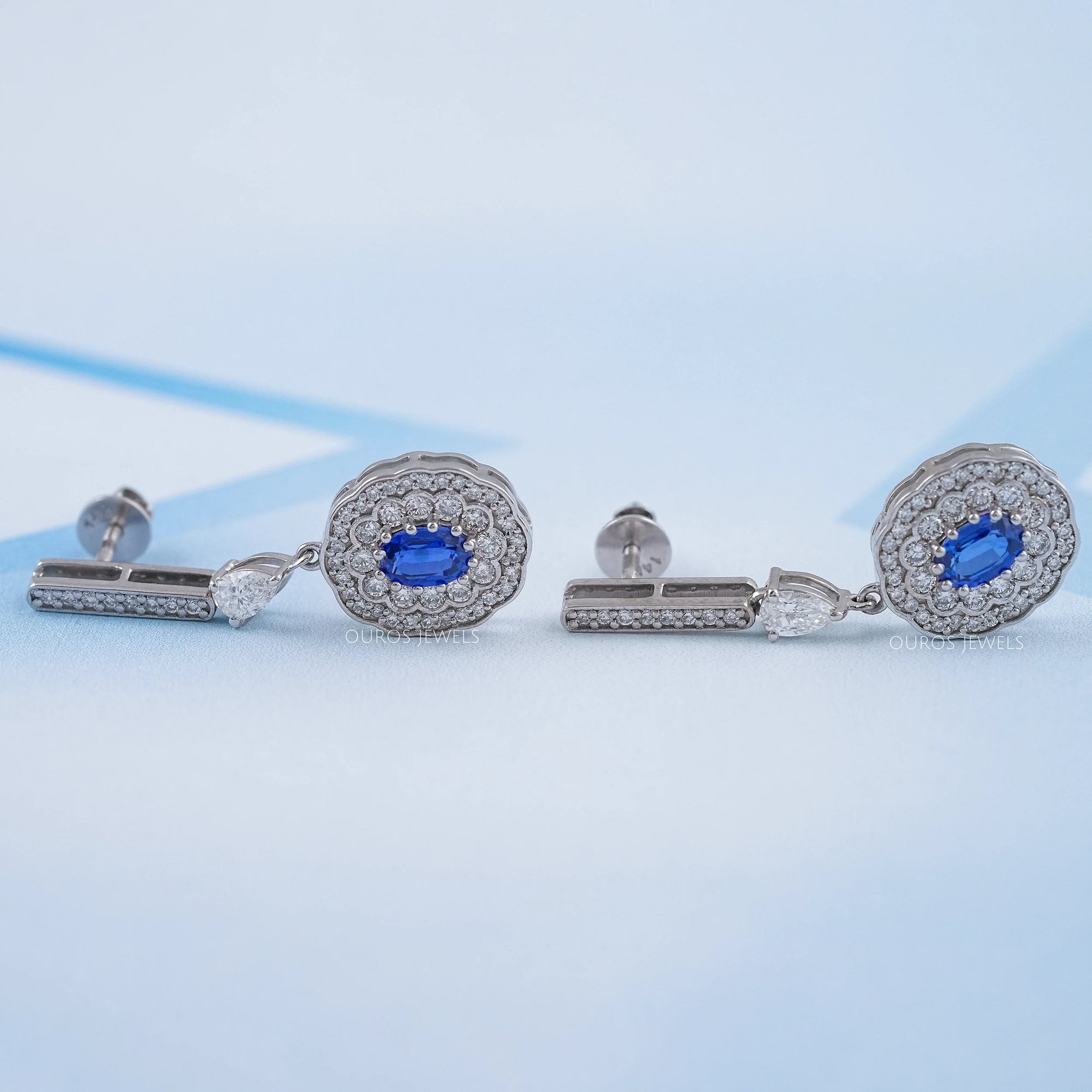 Oval Sapphire and Diamond Double Halo Earrings
