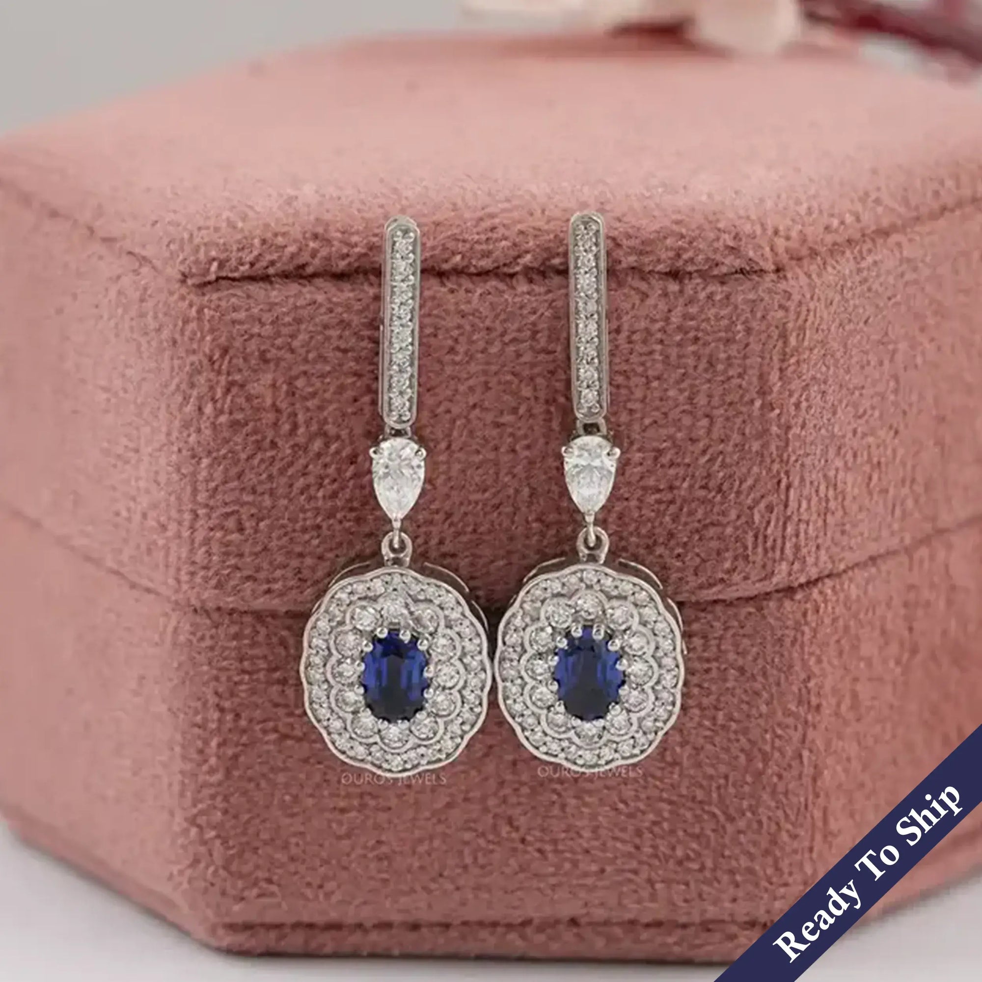 Sapphire Oval Gemstone And Double Halo Drop Earrings Earrings
