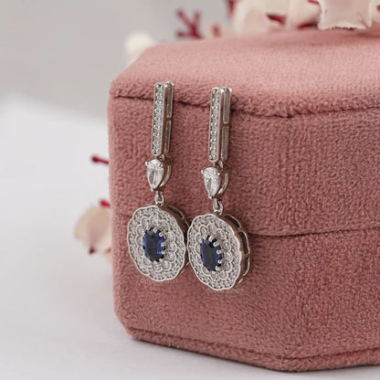 Sapphire Oval Gemstone And Double Halo Drop Earrings Earrings
