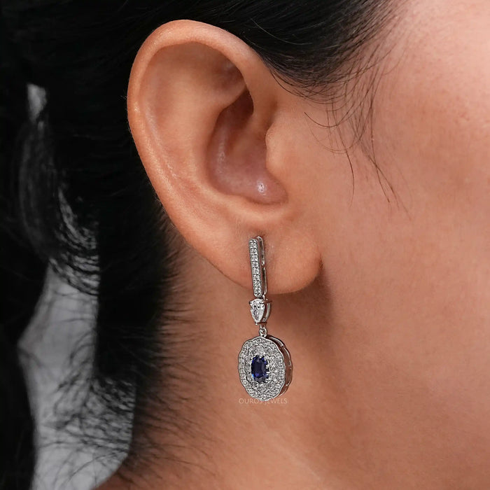 Sapphire Oval Gemstone And Double Halo Drop Earrings