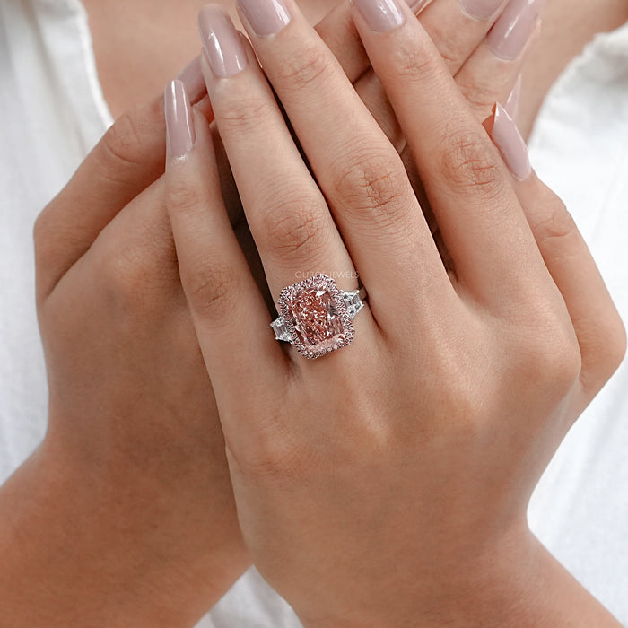 Pink Cushion Diamond Accent Halo Engagement Ring