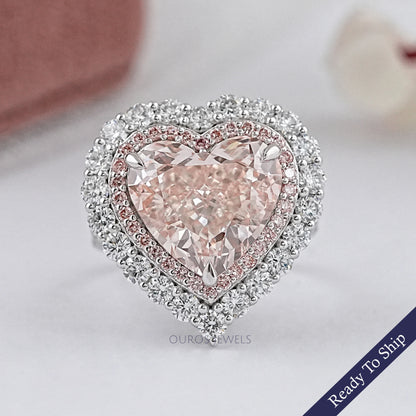 Pink Heart Cut Lab Diamond Double Halo Engagement Ring Ring