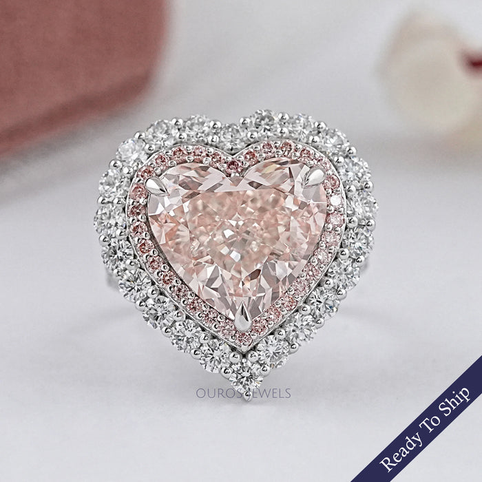 Pink Herat Cut Lab Diamond Double Halo Engagement Ring