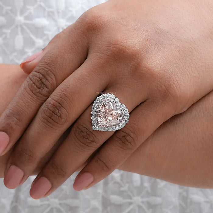 Pink Herat Cut Lab Diamond Double Halo Engagement Ring
