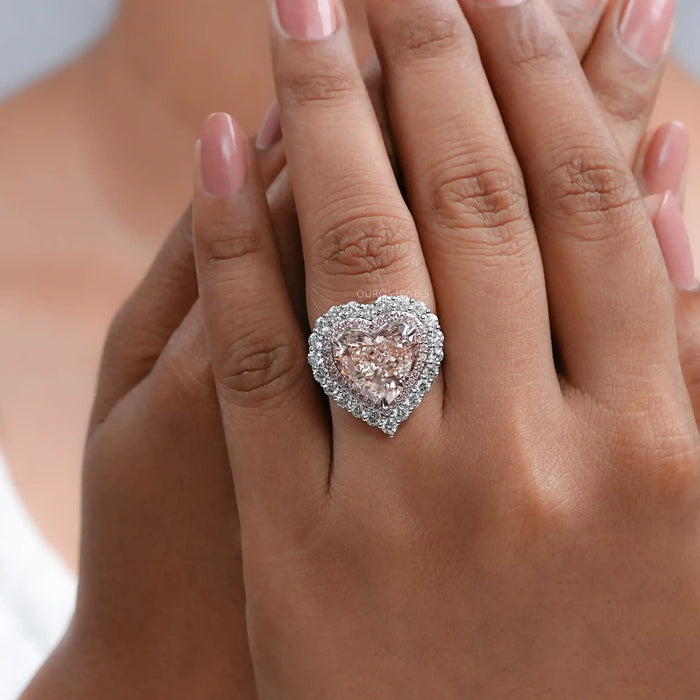 Pink Herat Cut Lab Diamond Double Halo Engagement Ring