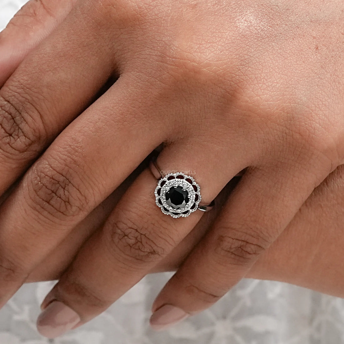 Black Round Diamond Double Halo Engagement Ring Rings