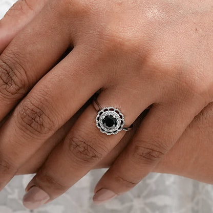 Black Round Diamond Double Halo Engagement Ring Rings