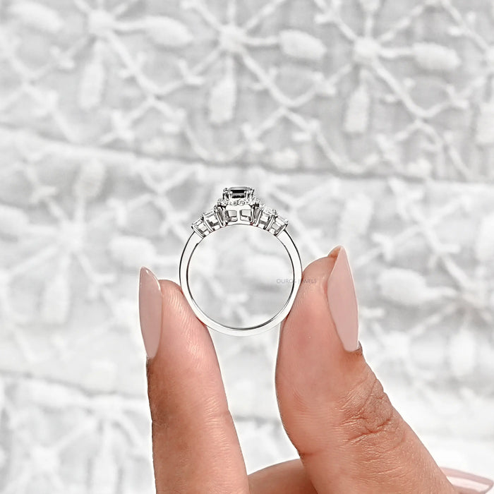 Black Emerald Diamond Accent Halo Engagement Ring