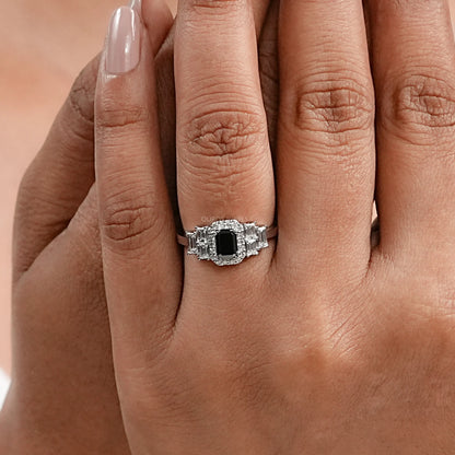 Black Emerald Diamond Accent Halo Engagement Ring Rings