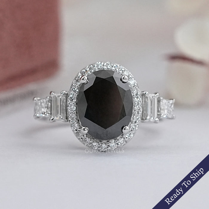 Black Oval Diamond Accent With Halo Engagement Ring
