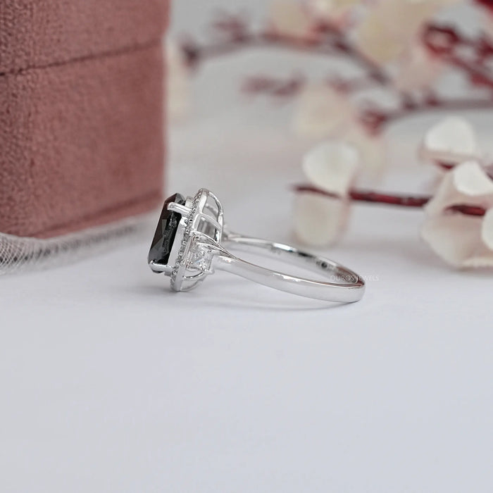 Black Oval Diamond Accent With Halo Engagement Ring
