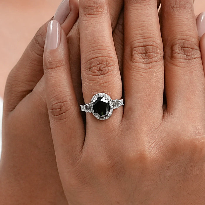 Black Oval Diamond Accent With Halo Engagement Ring