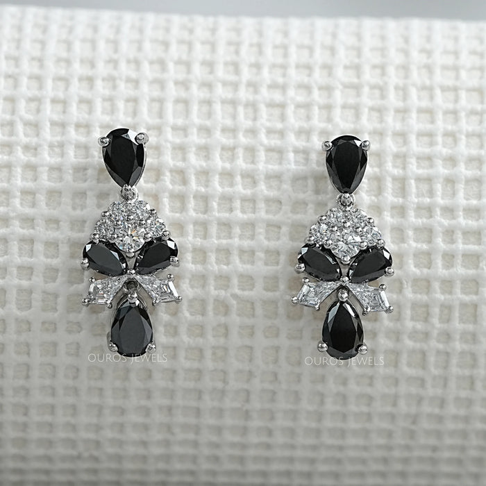 Black Pear Cut Lab Diamond Cluster Drop Dangle Earring