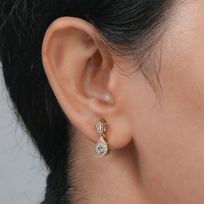 Step Cut Pear Diamond Halo Drop Dangle Earrings