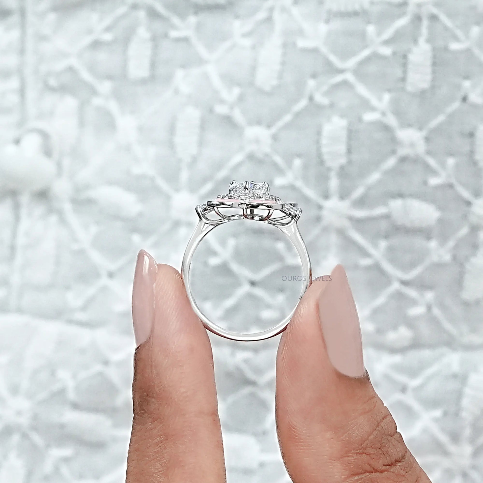 Antique Floral Cut Pink Enamel Engagement Ring Rings