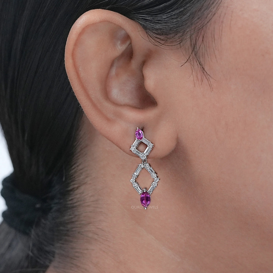 Pink Marquise Gemstone And Diamond Drop Earrings Earrings