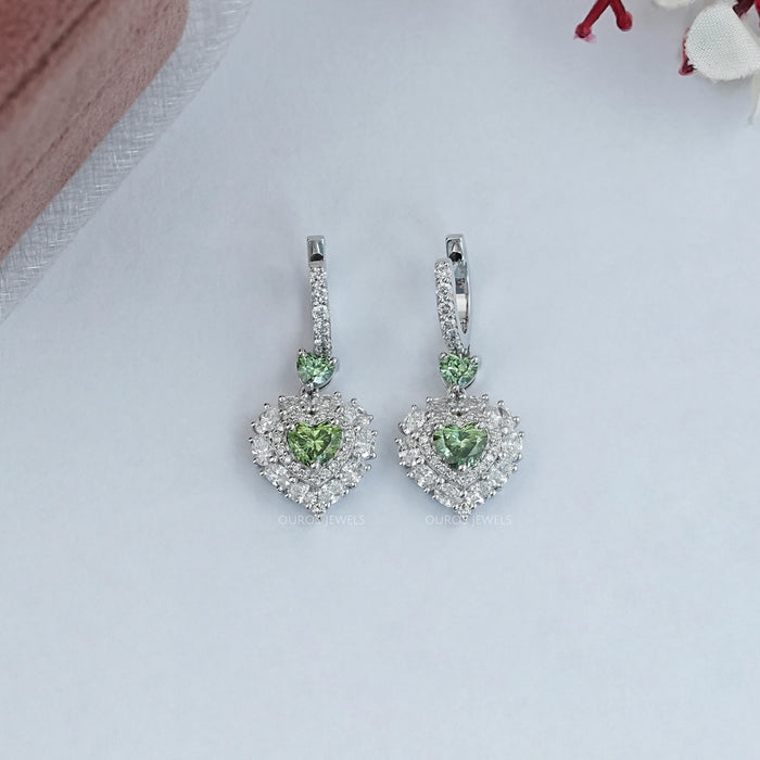 Green Heart Lab Diamond Halo Dangle Earrings