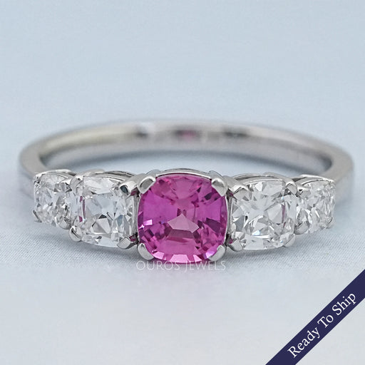front view of pink square cushion cut lab diamond five stone engagement ring
