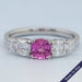 front view of pink square cushion cut lab diamond five stone engagement ring