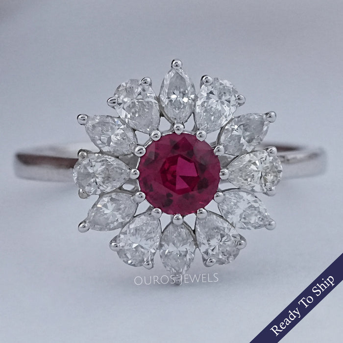 Ruby Round And Lab Diamond Floral Halo Engagement Ring