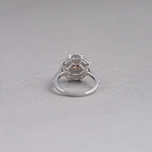back view of brown octagon lab diamond double halo engagement ring
