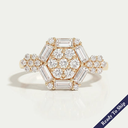 Octagon Shape Baguette Cut Halo Yellow Gold Engagement Ring