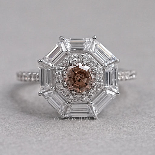 top view of brown octagon lab diamond double halo engagement ring