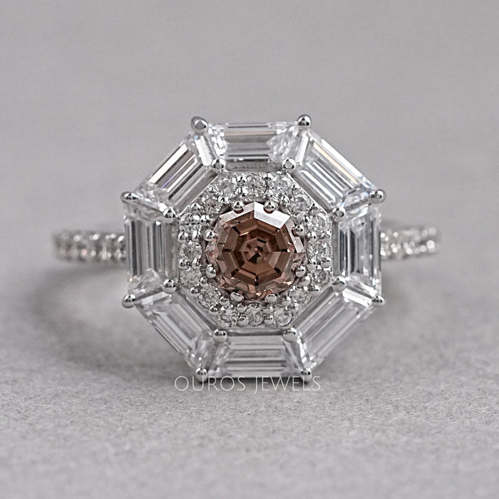top view of brown octagon lab diamond double halo engagement ring