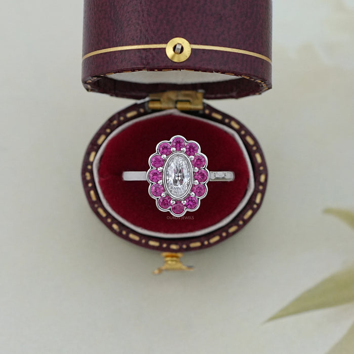 Old Mine Oval Cut Pink Halo Floral Engagement Ring