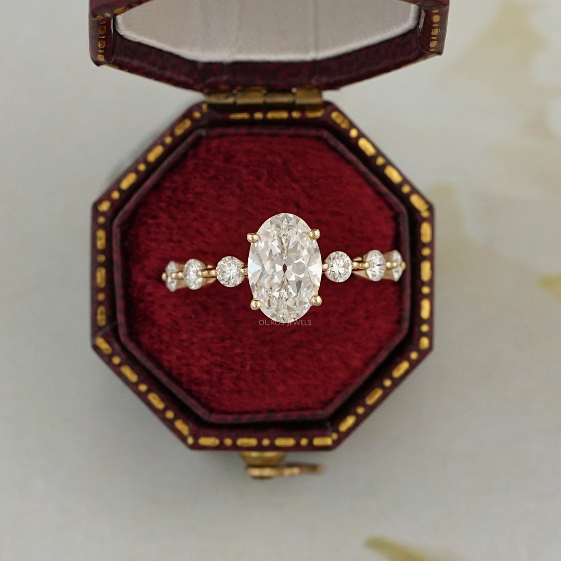 Old Mine Moval Cut Solitaire Accent Engagement Ring Ring