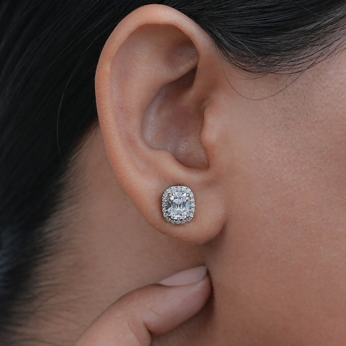 Cushion Cut Halo Stud Earrings With Old Mine