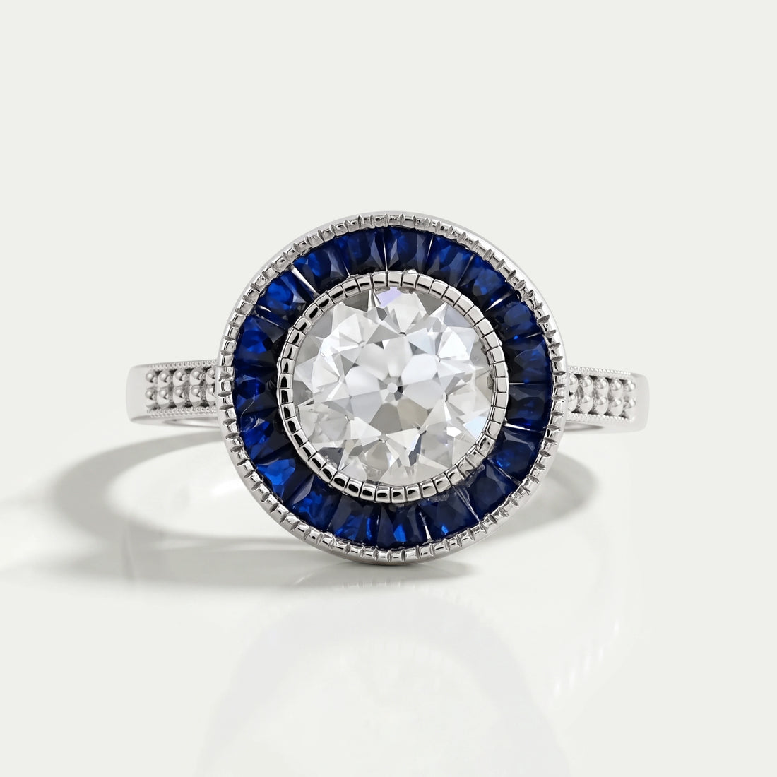 OEC Round Diamond Surround Sapphire Baguette Halo Ring Ring