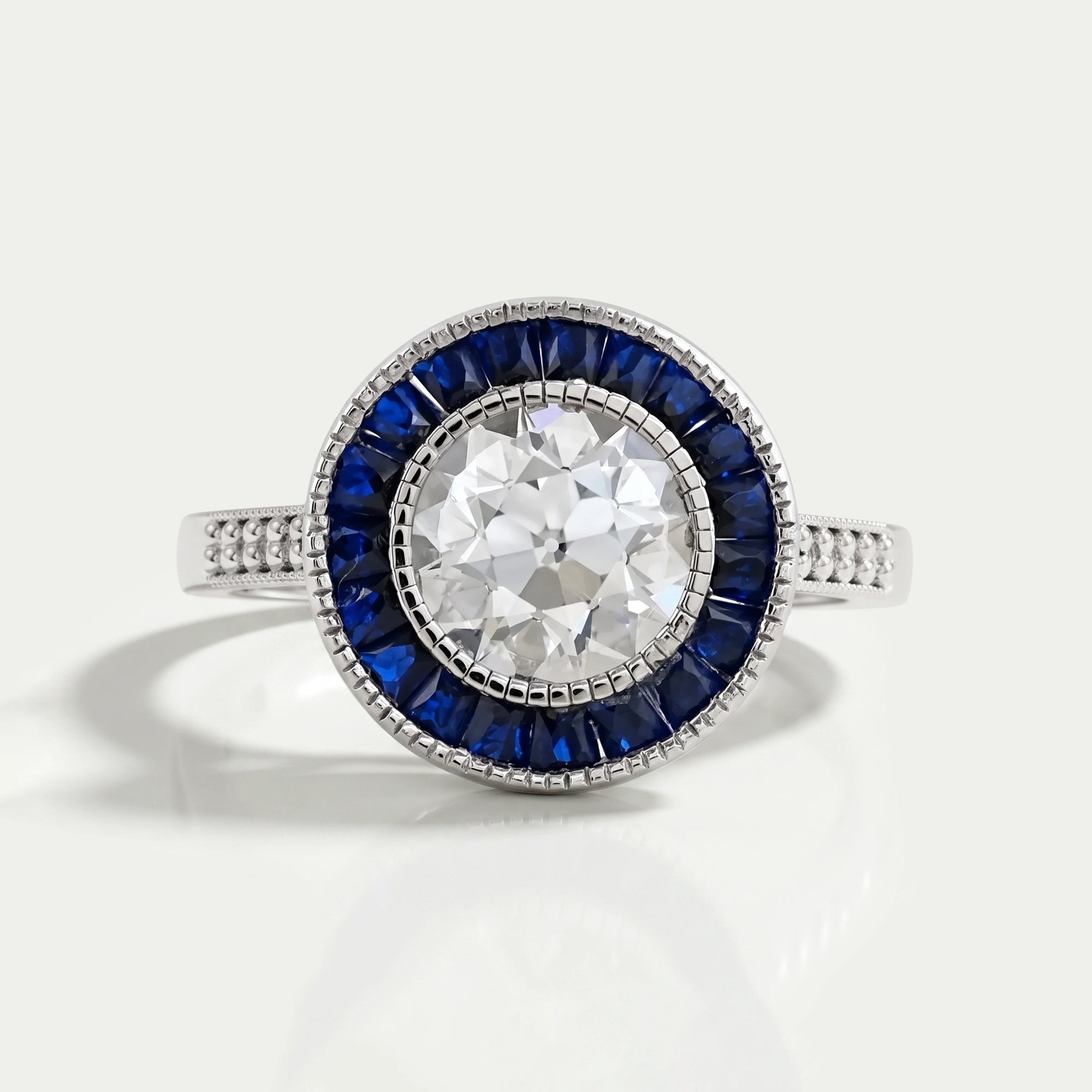 OEC Round Diamond Surround Sapphire Baguette Halo Ring Ring