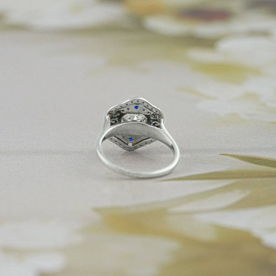 Old Mine Asscher Diamond And Gemstone Double Halo Ring Rings