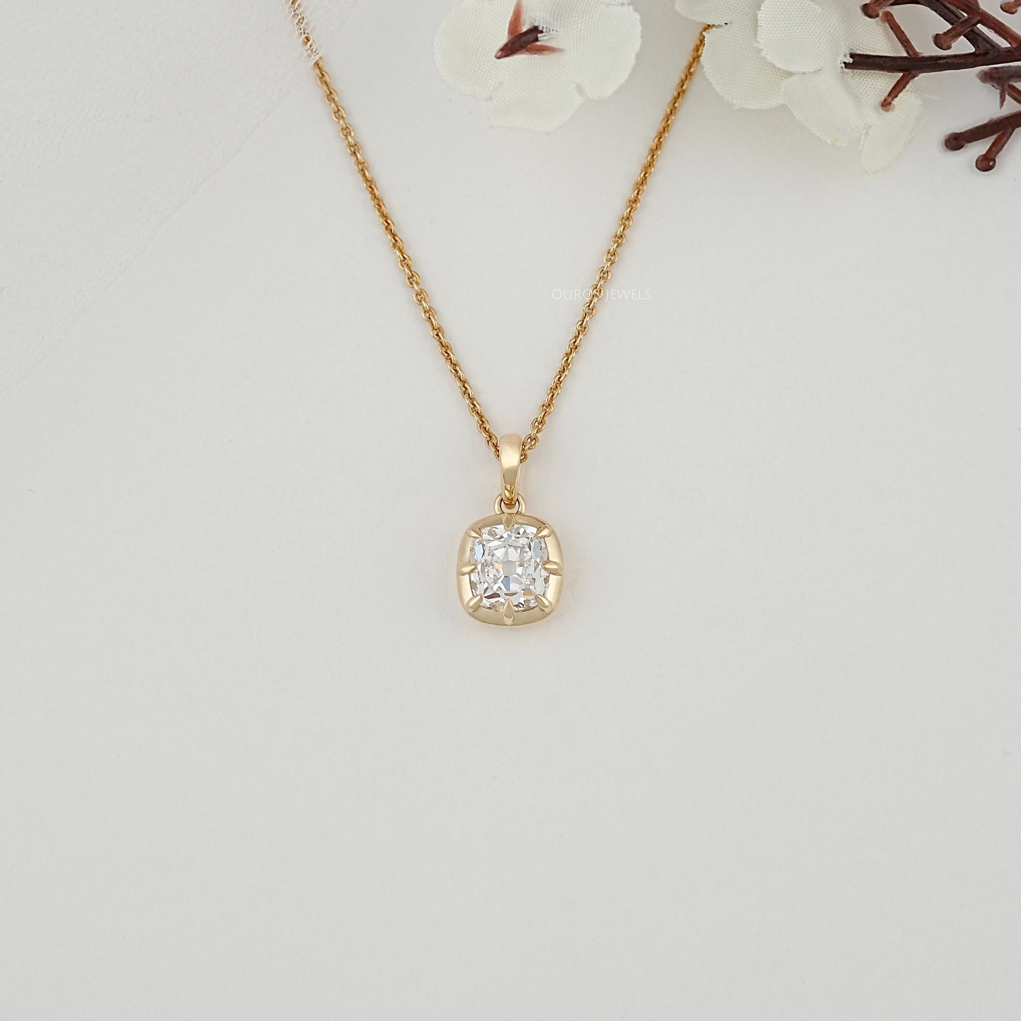 Old Mine Cushion Diamond Solitaire Pendant Necklaces