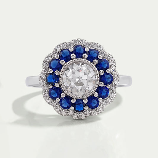 Old European Round Cut Sapphire Halo Engagement Ring Rings