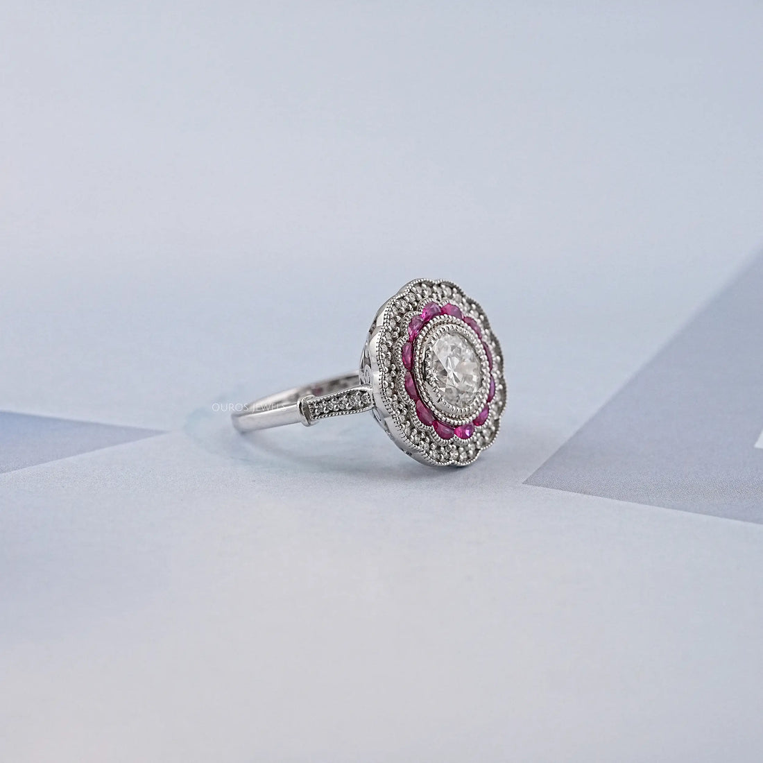 Old European Round Cut & Pink Halo Half Moon Gemstone Ring Rings