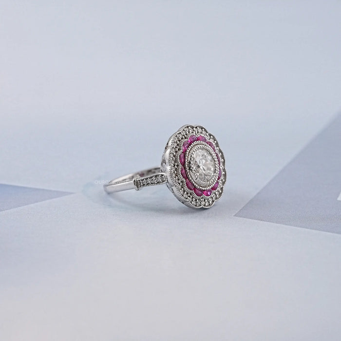 Old European Round Cut & Pink Halo Half Moon Gemstone Ring