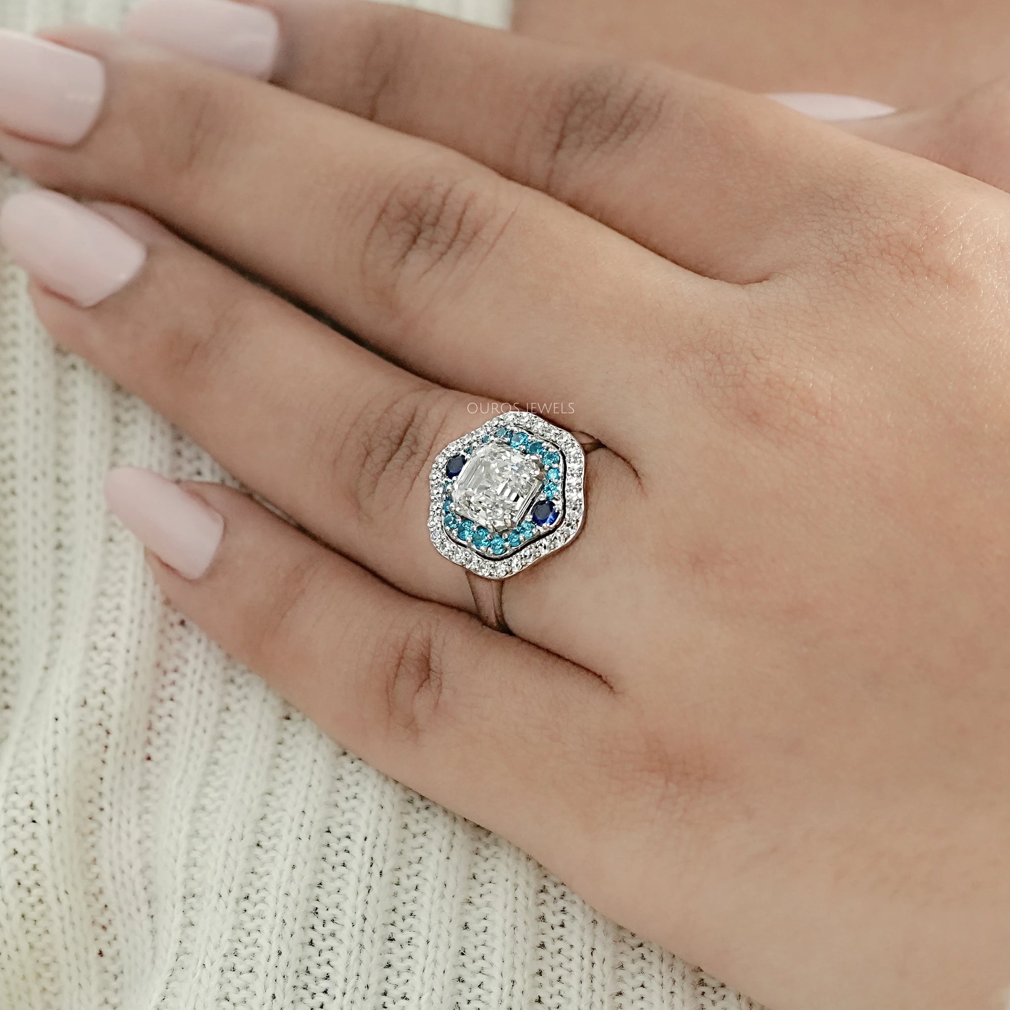 Old Mine Asscher Diamond And Gemstone Double Halo Ring Rings