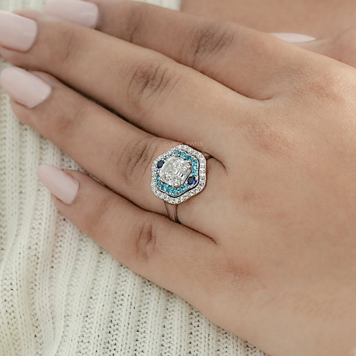 Old Mine Asscher Diamond And Gemstone Double Halo Ring