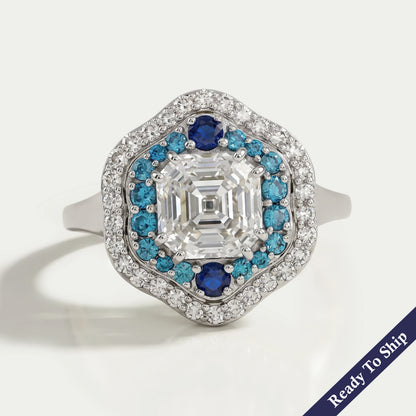 Old Mine Asscher Diamond And Gemstone Double Halo Ring Rings