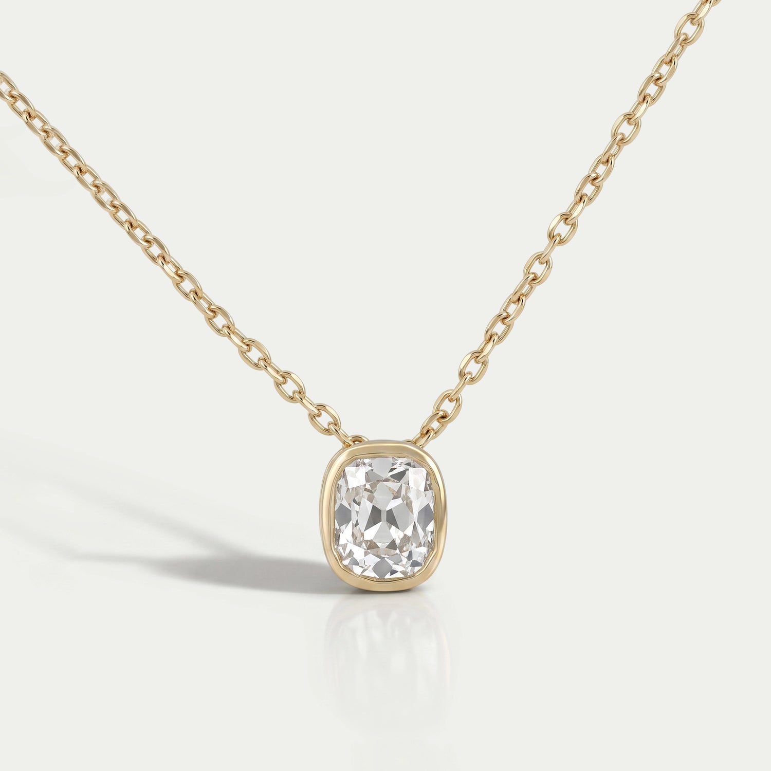 Old Mine Cushion Lab Diamond Bezel Set Pendant Necklaces
