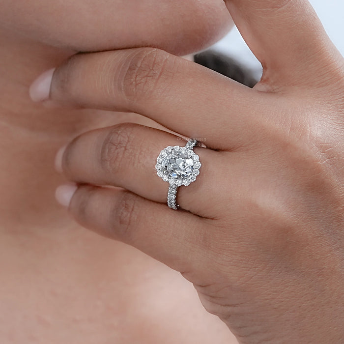 Old Mine Cushion Cut Halo With Accent Engagement Ring