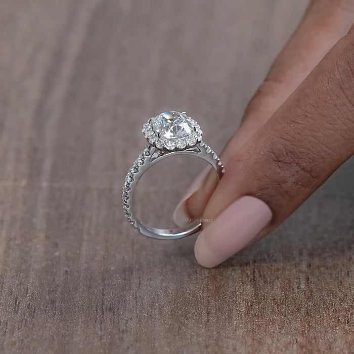 Old Mine Cushion Cut Halo With Accent Engagement Ring