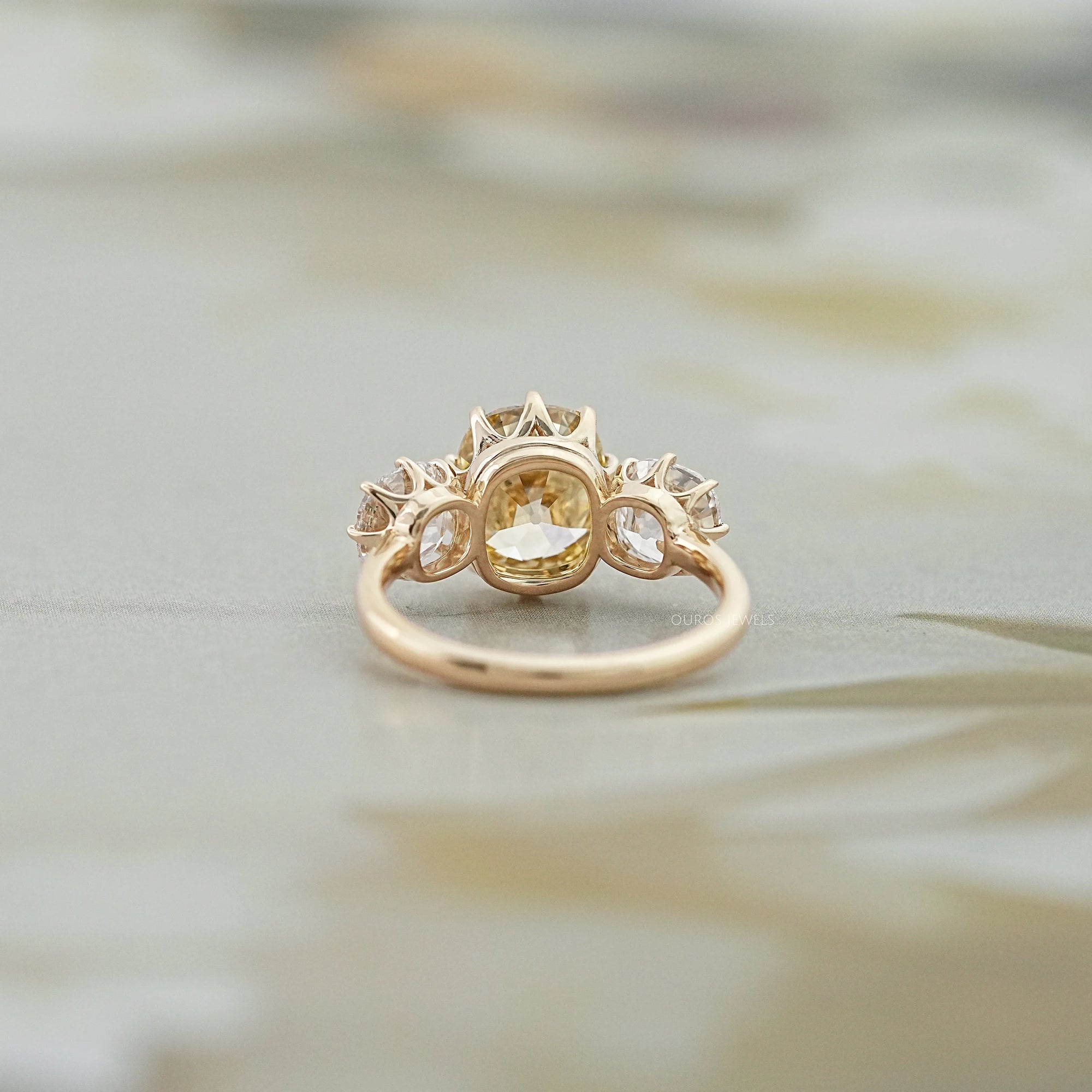 Fancy Yellow Old Mine Cushion Diamond Three Stone Ring Rings