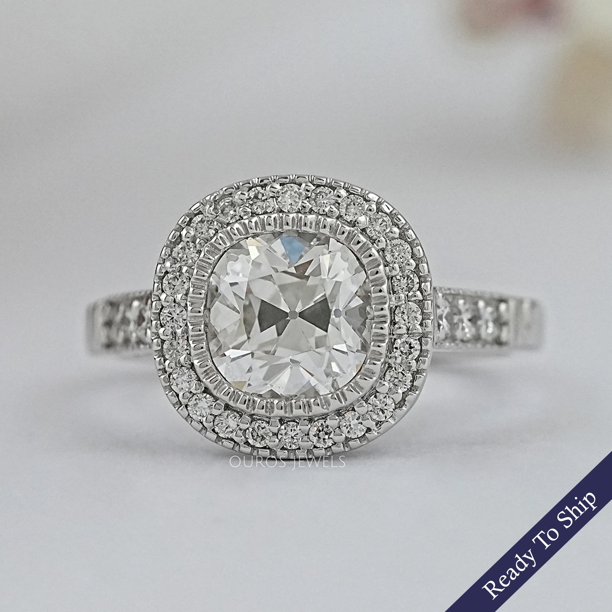 Old Mine Cushion Lab Diamond Halo Engagement Ring Rings