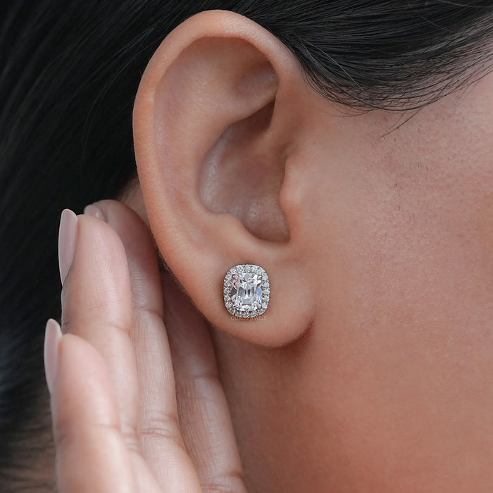 Cushion Cut Halo Stud Earrings With Old Mine