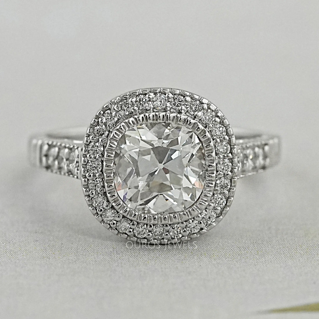 Old Mine Cushion Cut Halo Diamond Engagement Ring Ring