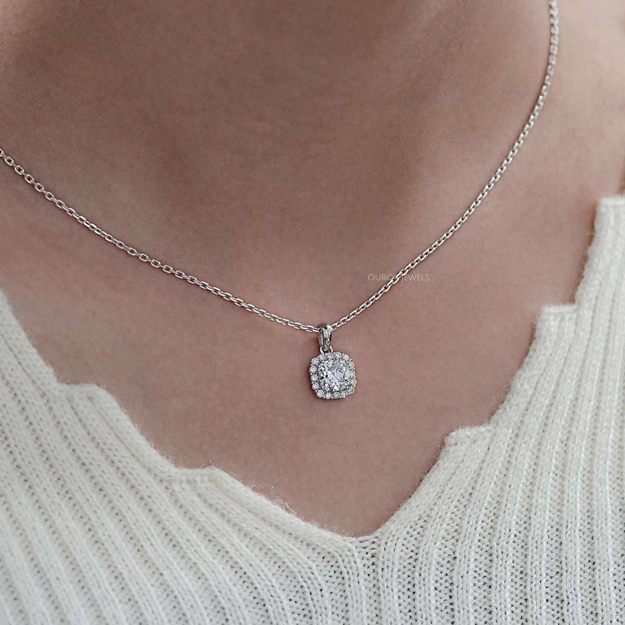Old Mine Cushion Lab Diamond Halo Pendant Necklaces