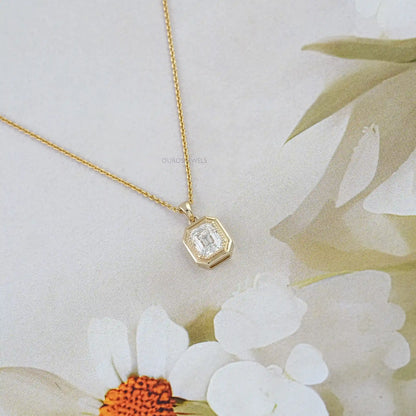 Old Mine Emerald Lab Diamond Milgrain Bezel Set Pendant Necklaces